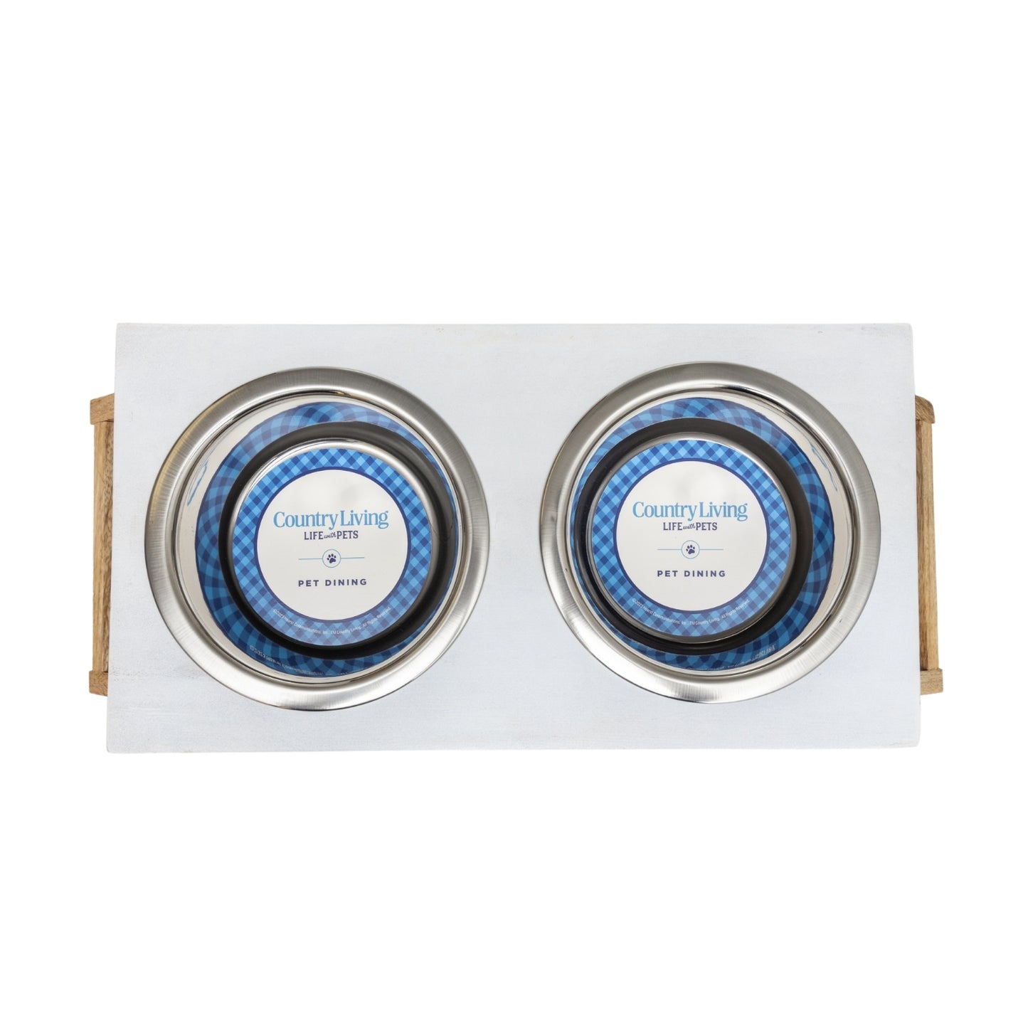 Eco-friendly elevated wood dog feeder in distressed white