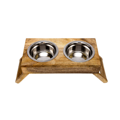 Eco-friendly elevated wood dog feeder in natural wood finish