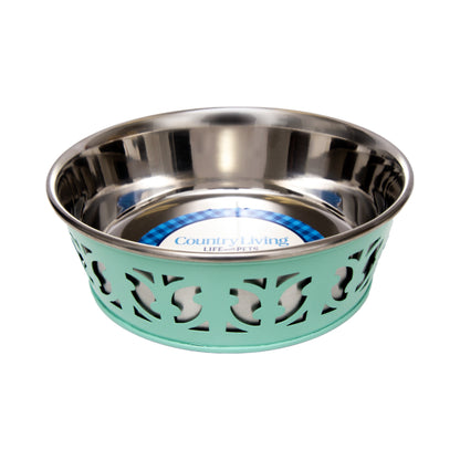 Eco-friendly stainless steel farmhouse dog bowl in mint green
