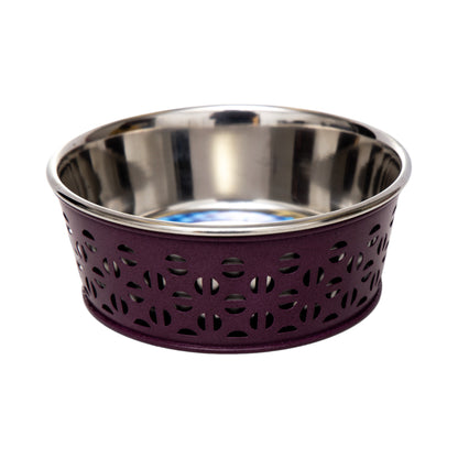 Eco-friendly stainless steel farmhouse dog bowl in plum wine