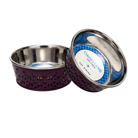 Eco-friendly stainless steel farmhouse dog bowl in plum wine