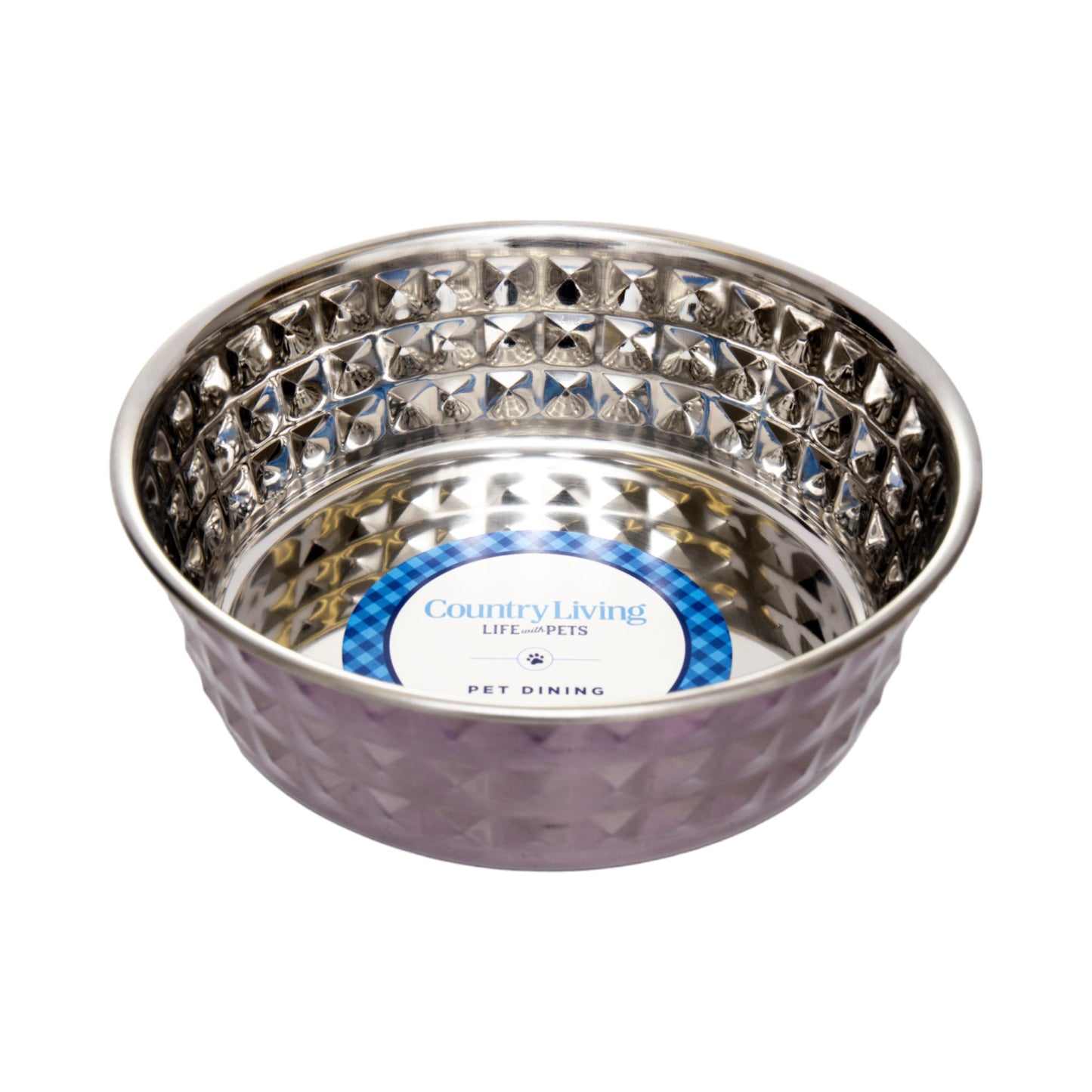 Lavender-tinted hammered stainless steel dog bowl