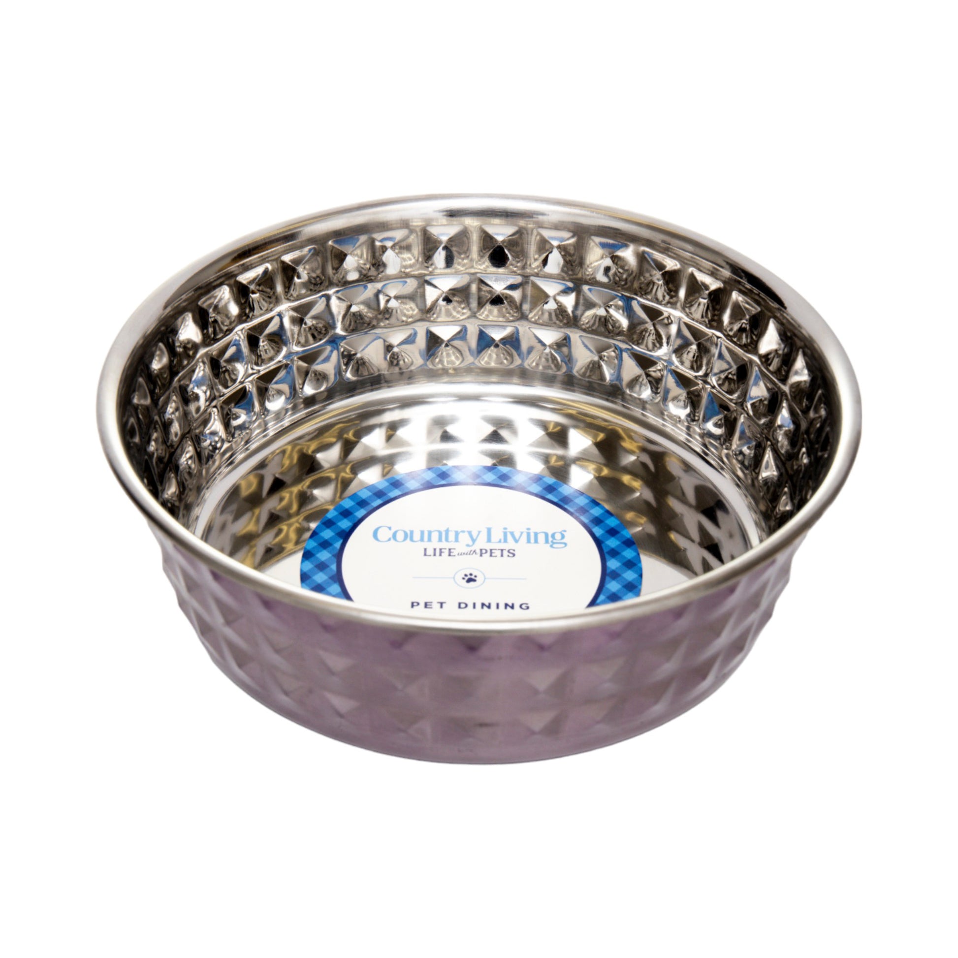 Lavender-tinted hammered stainless steel dog bowl