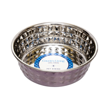 Lavender-tinted hammered stainless steel dog bowl