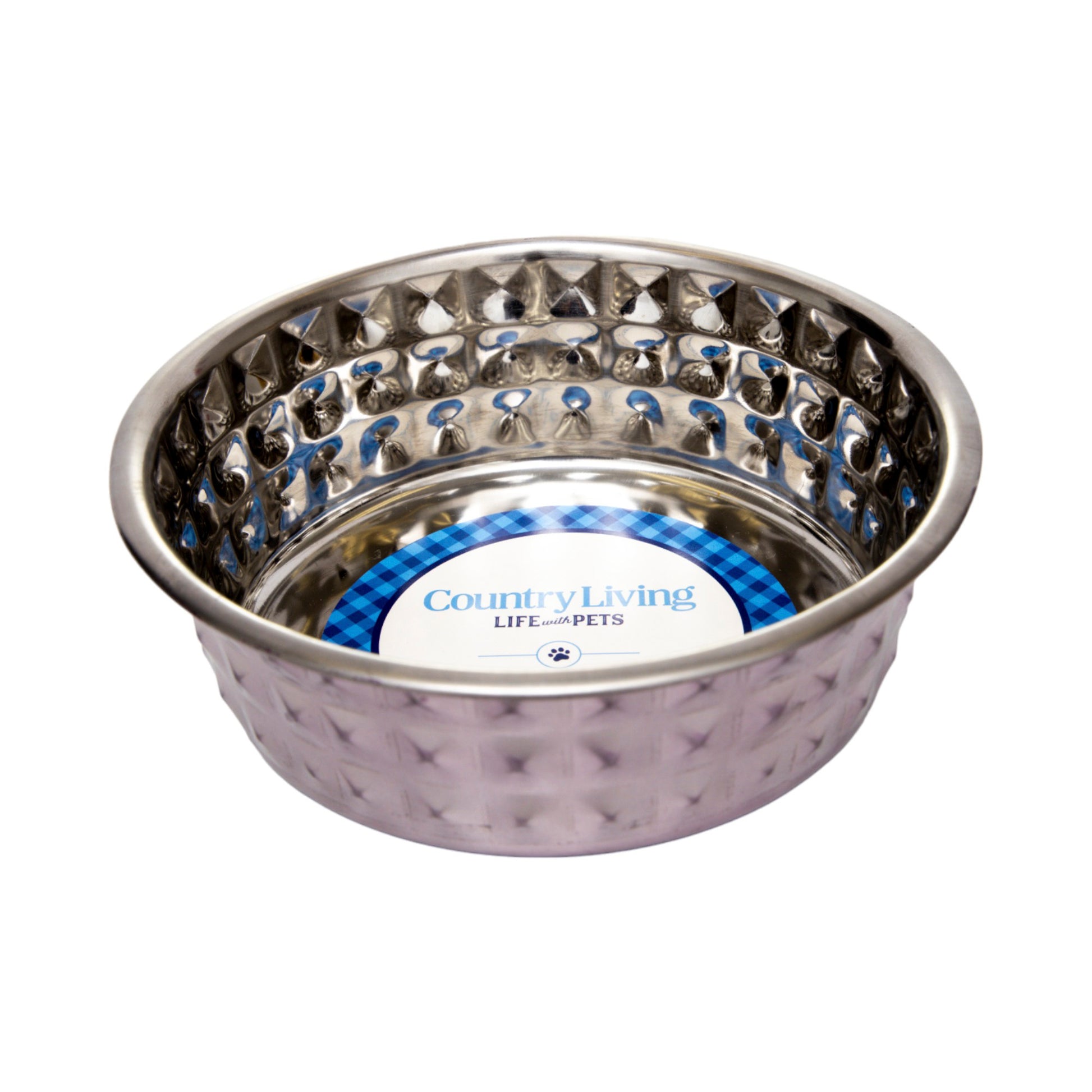 Lavender-tinted hammered stainless steel dog bowl