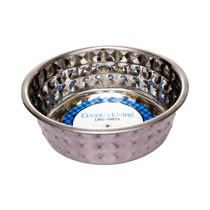 Lavender-tinted hammered stainless steel dog bowl