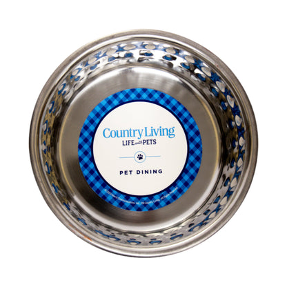 Lavender-tinted hammered stainless steel dog bowl
