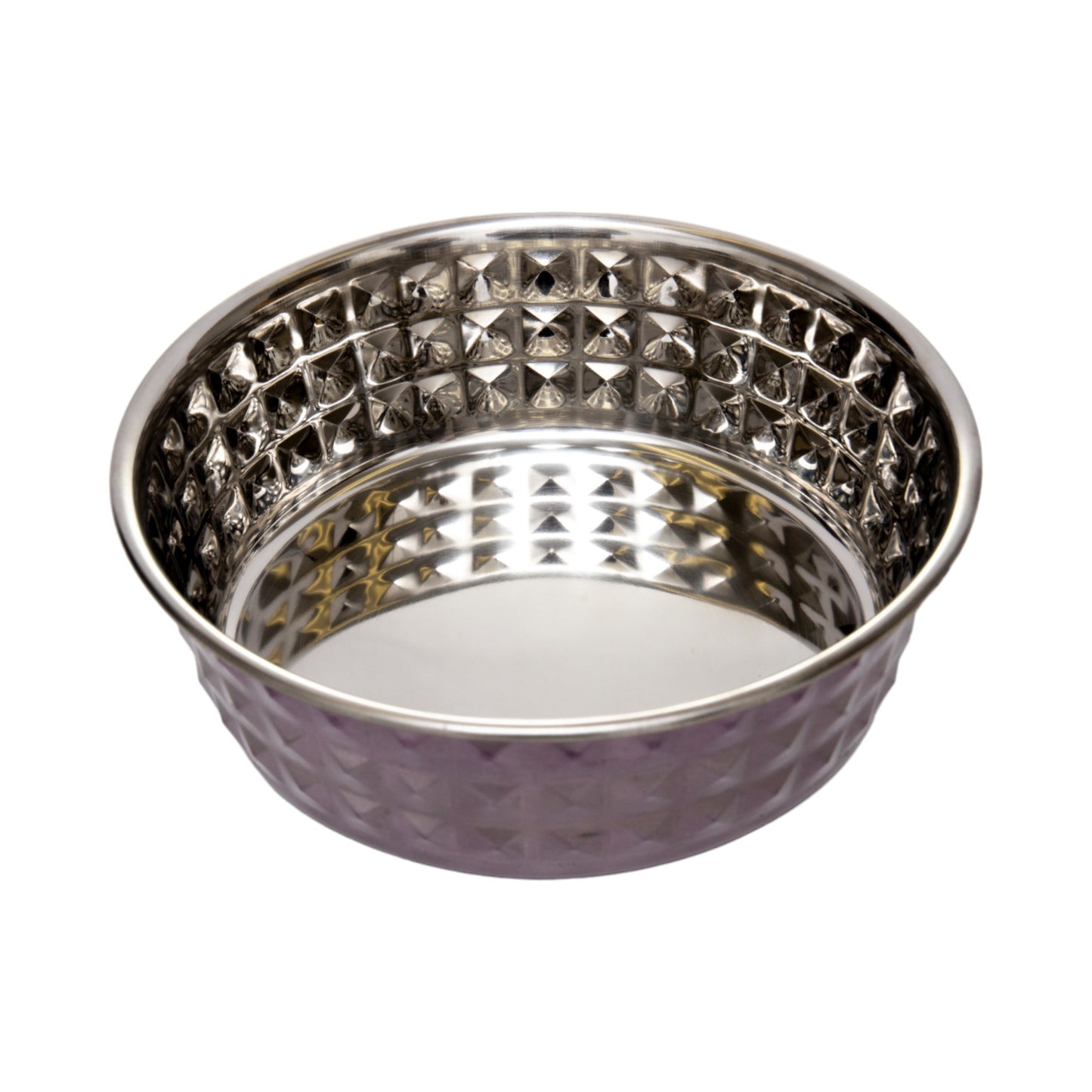 Lavender-tinted hammered stainless steel dog bowl