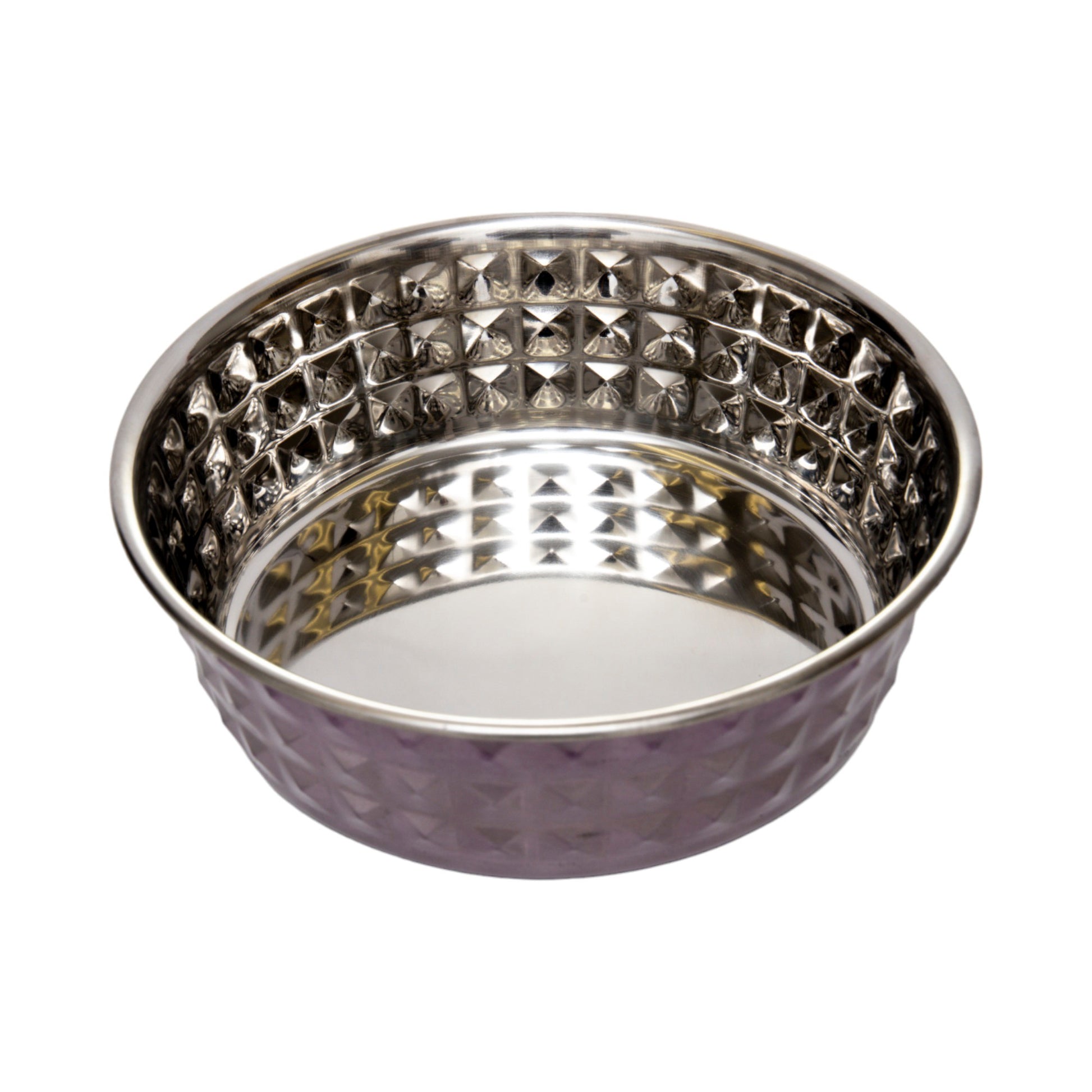 Lavender-tinted hammered stainless steel dog bowl