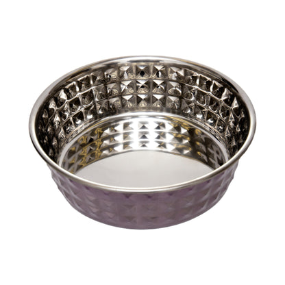 Lavender-tinted hammered stainless steel dog bowl