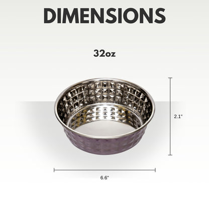 Lavender-tinted hammered stainless steel dog bowl