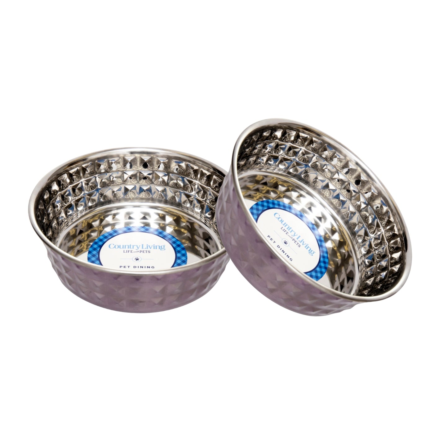 Lavender-tinted hammered stainless steel dog bowl