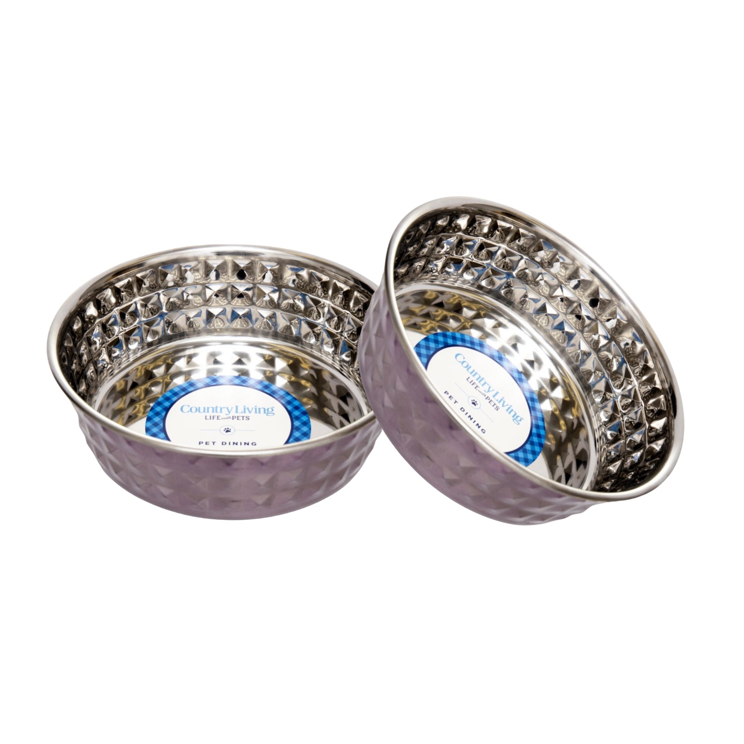 Lavender-tinted hammered stainless steel dog bowl