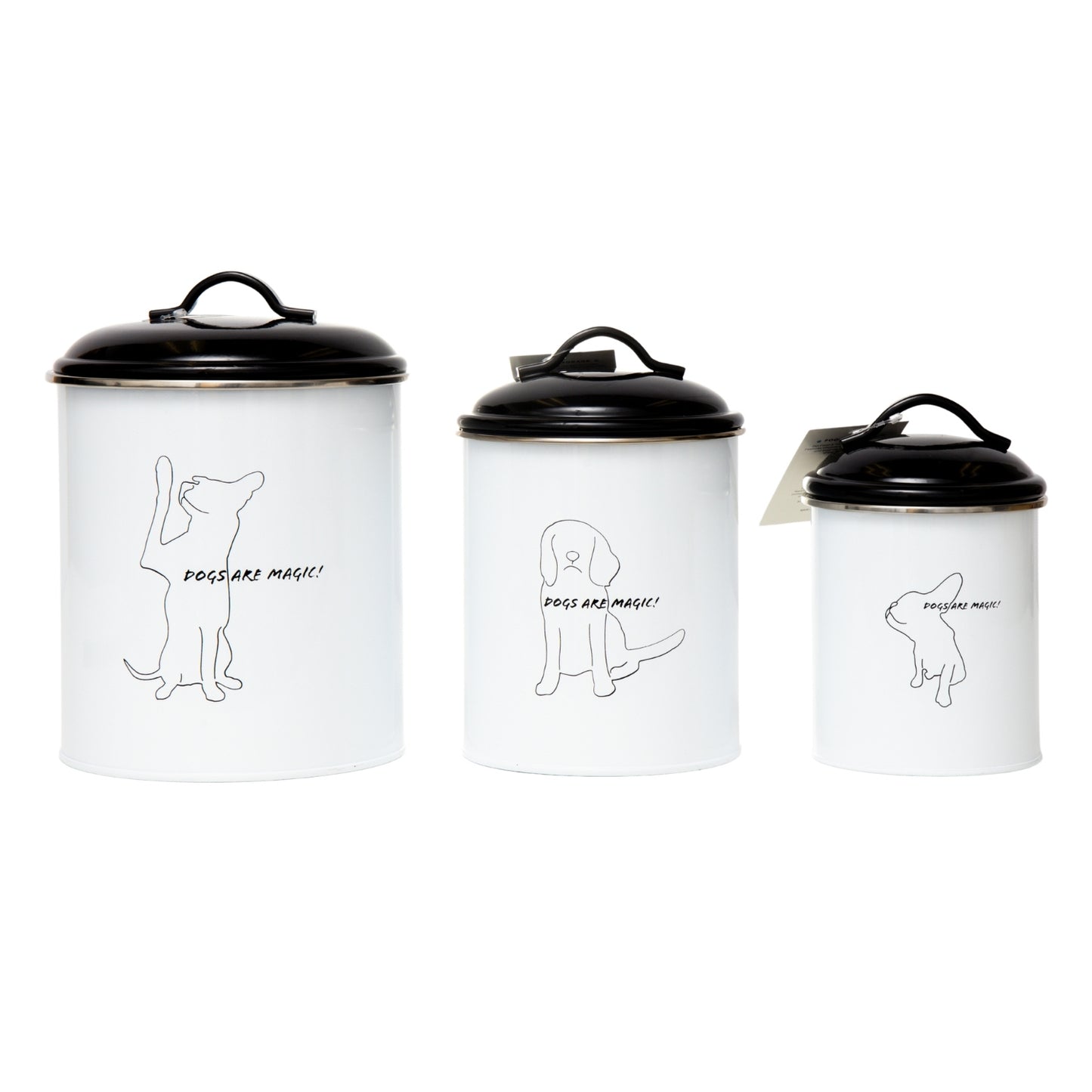 Pet food and treat storage canister set in black and white