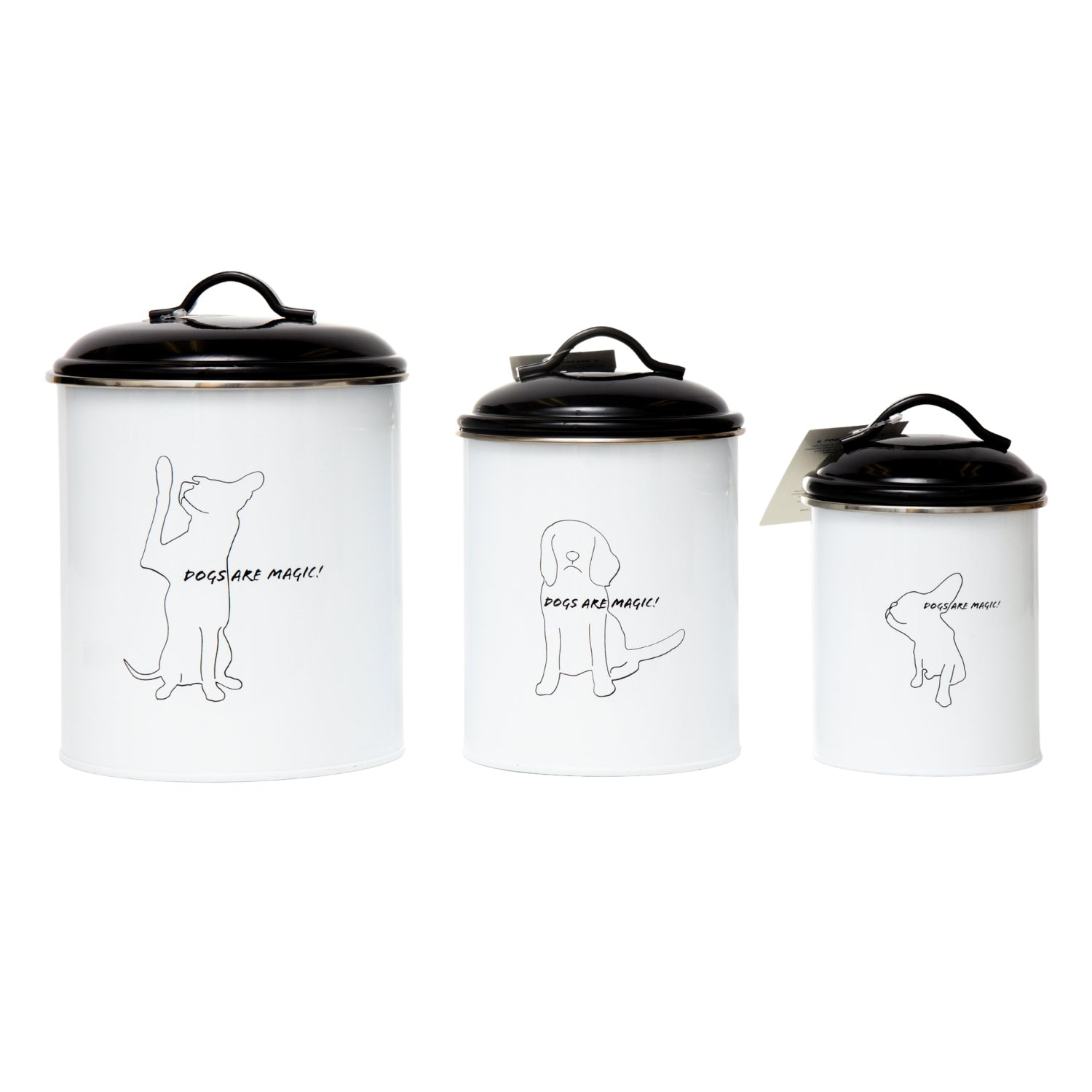 Pet food and treat storage canister set in black and white