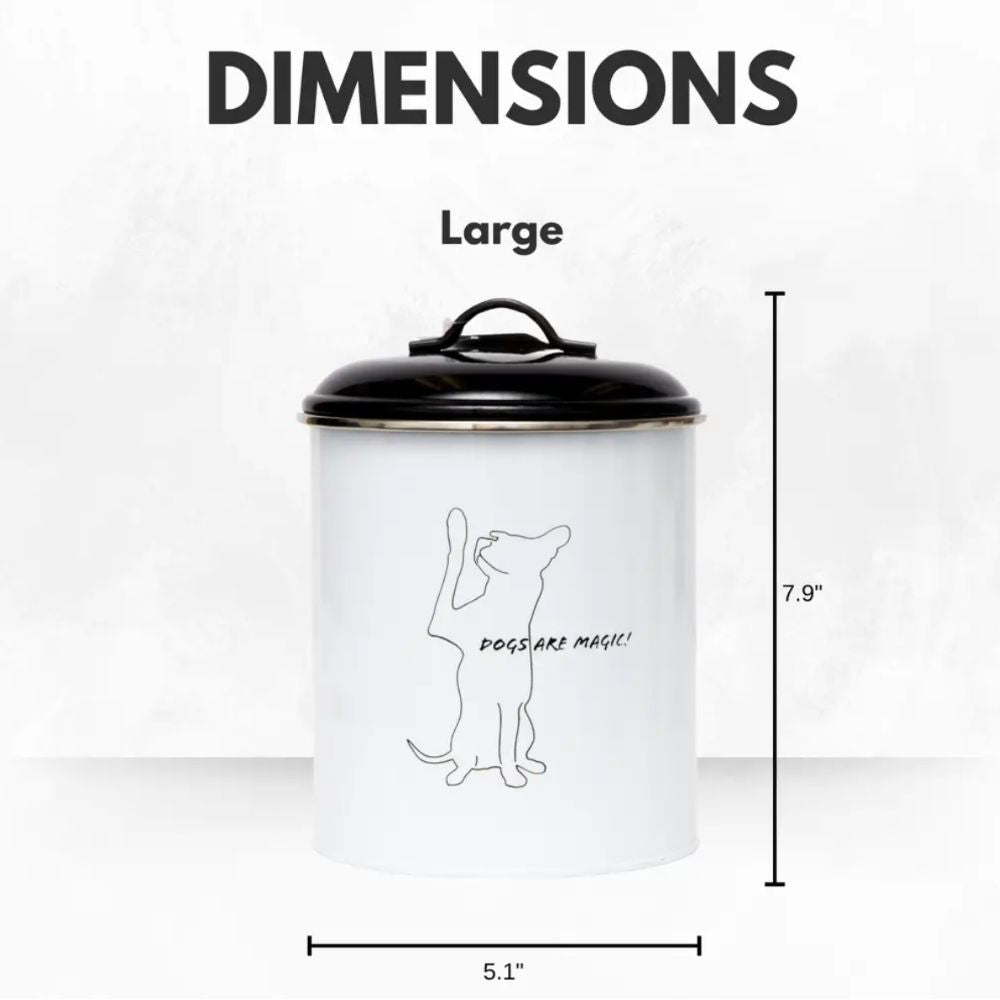 Pet food and treat storage canister set in black and white