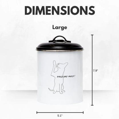 Pet food and treat storage canister set in black and white