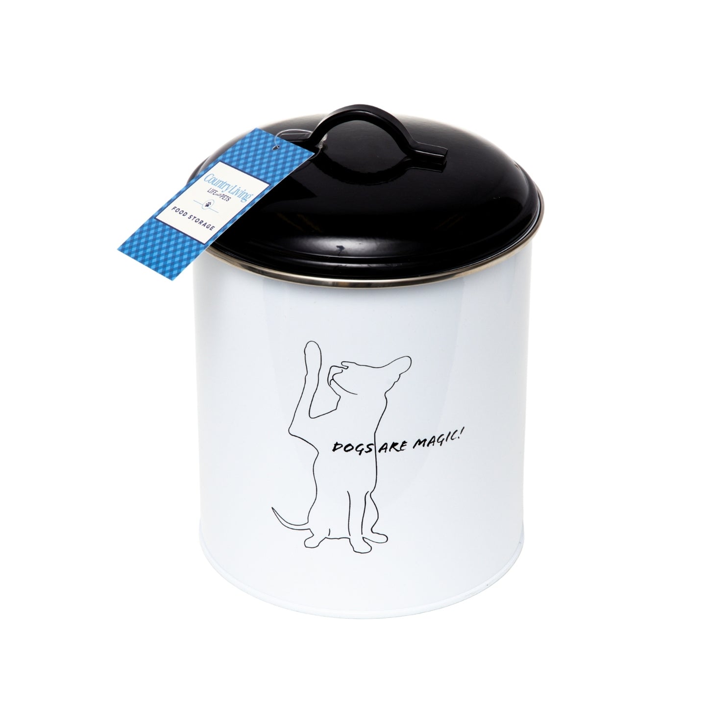 Pet food and treat storage canister set in black and white