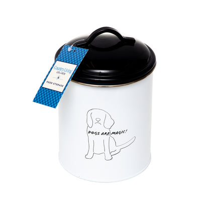Pet food and treat storage canister set in black and white