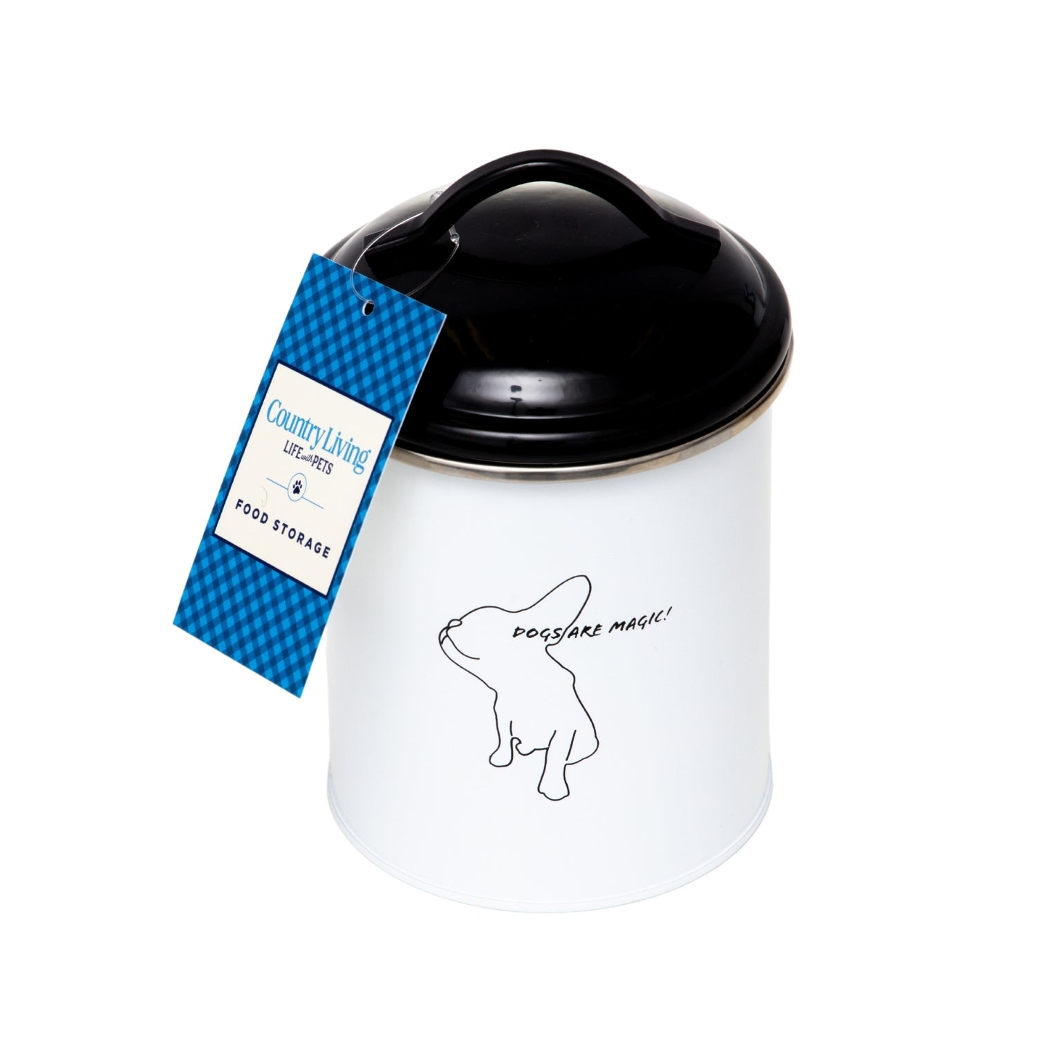 Pet food and treat storage canister set in black and white