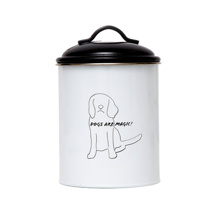Pet food and treat storage canister set in black and white