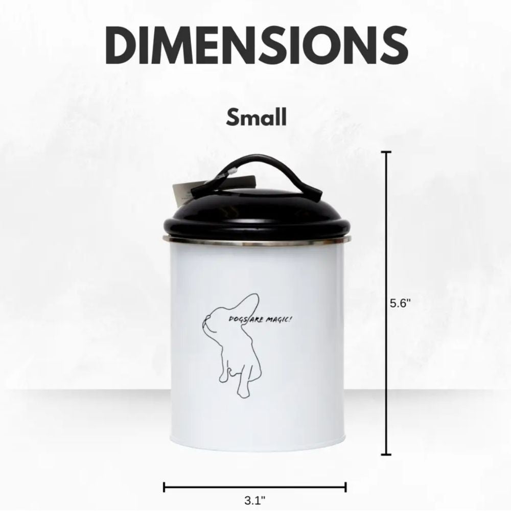 Pet food and treat storage canister set in black and white