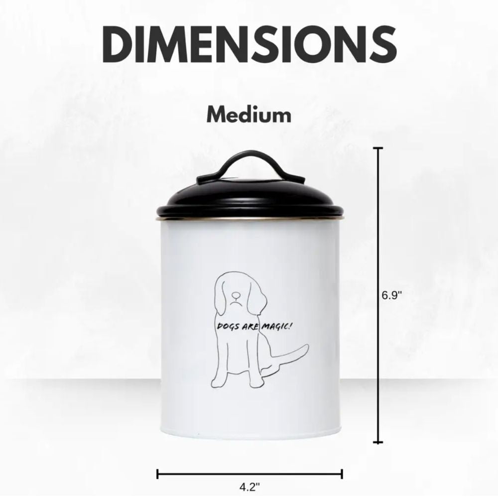 Pet food and treat storage canister set in black and white