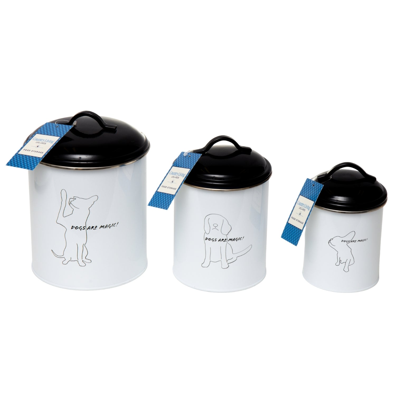 Pet food and treat storage canister set in black and white