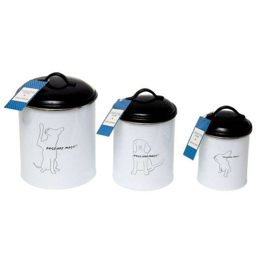 Pet food and treat storage canister set in black and white
