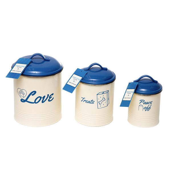 Pet food and treat storage canister set in French blue