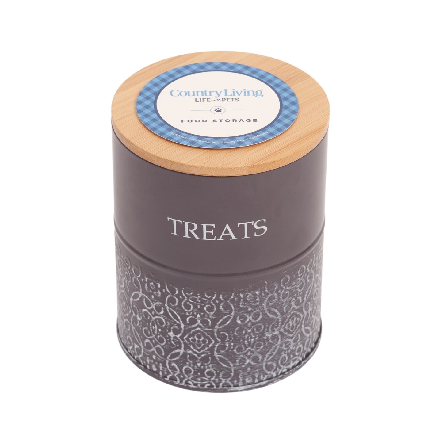Pet treat storage canister set in volcanic gray and white