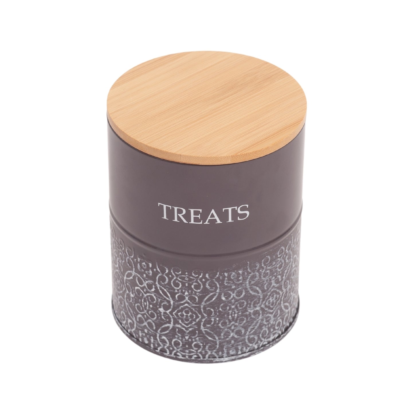 Pet treat storage canister set in volcanic gray and white