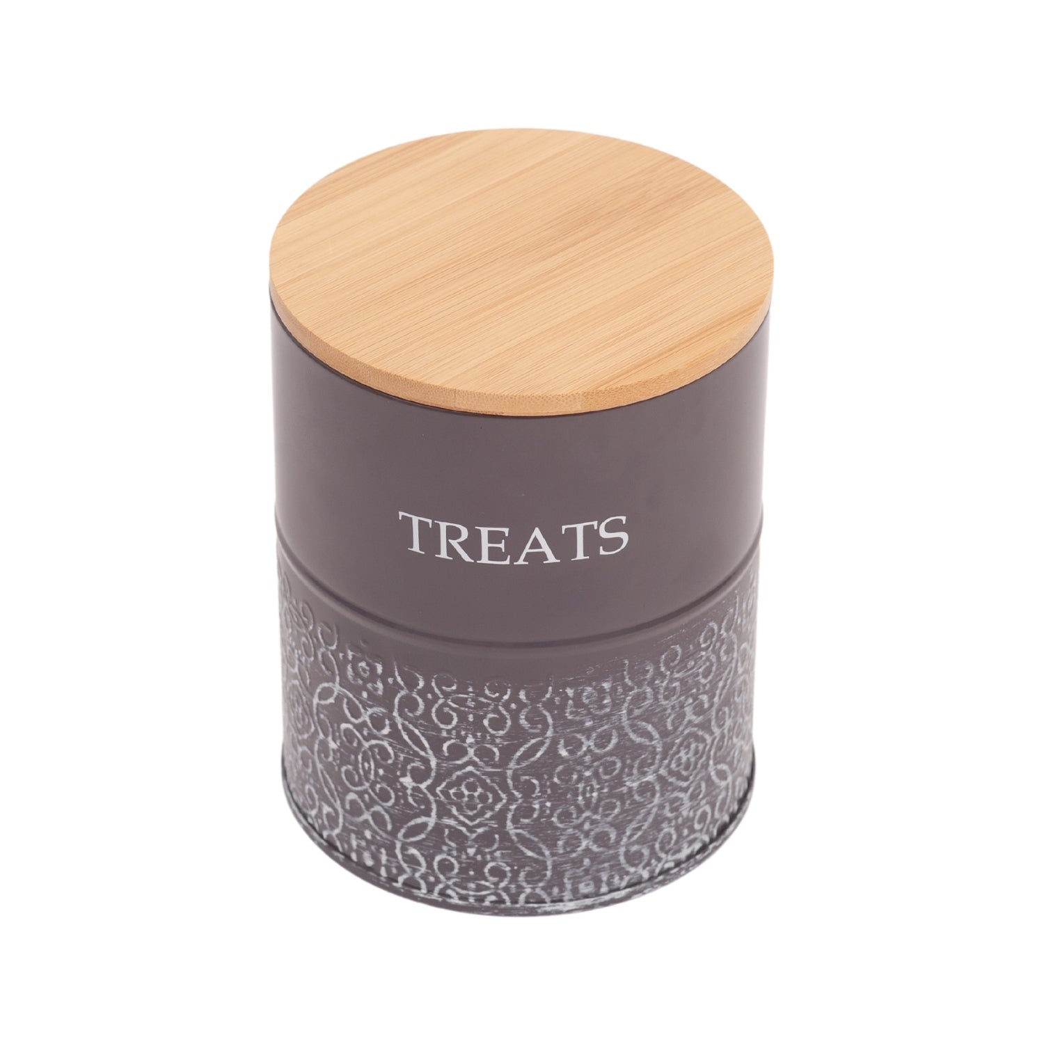 Pet treat storage canister set in volcanic gray and white