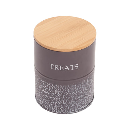 Pet treat storage canister set in volcanic gray and white
