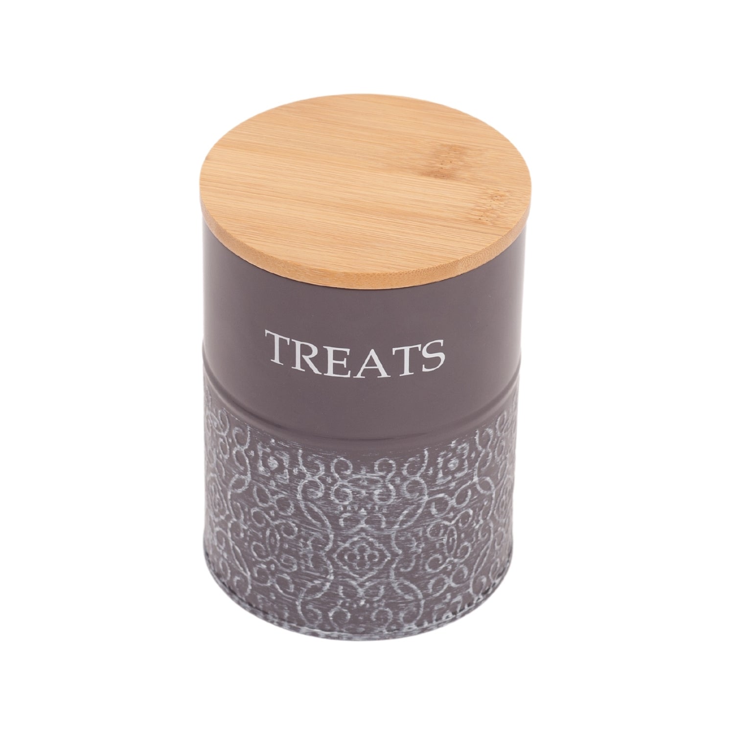 Pet treat storage canister set in volcanic gray and white