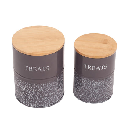 Pet treat storage canister set in volcanic gray and white