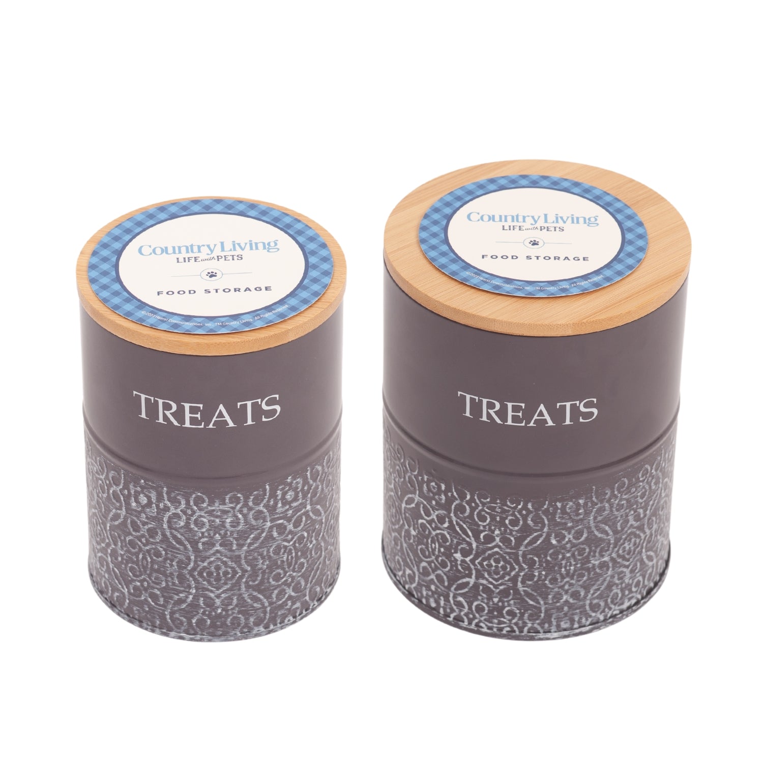 Pet treat storage canister set in volcanic gray and white