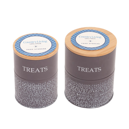 Pet treat storage canister set in volcanic gray and white