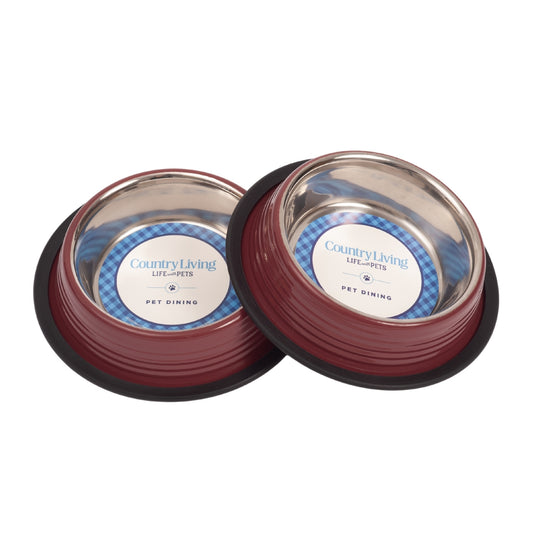 merlot red ribbed non slip pet bowls set of two