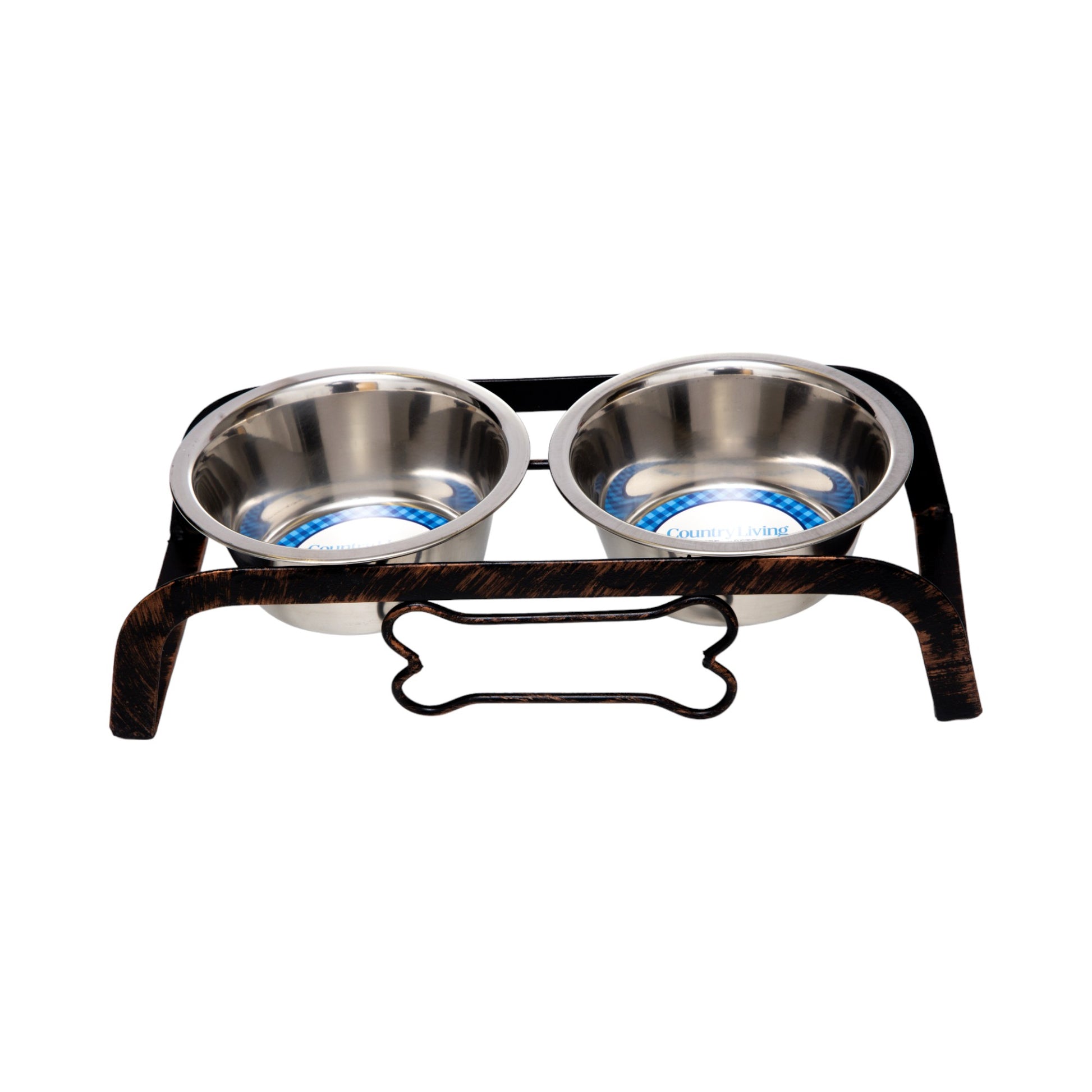 Rustic elevated dog bone feeder with two stainless steel bowls