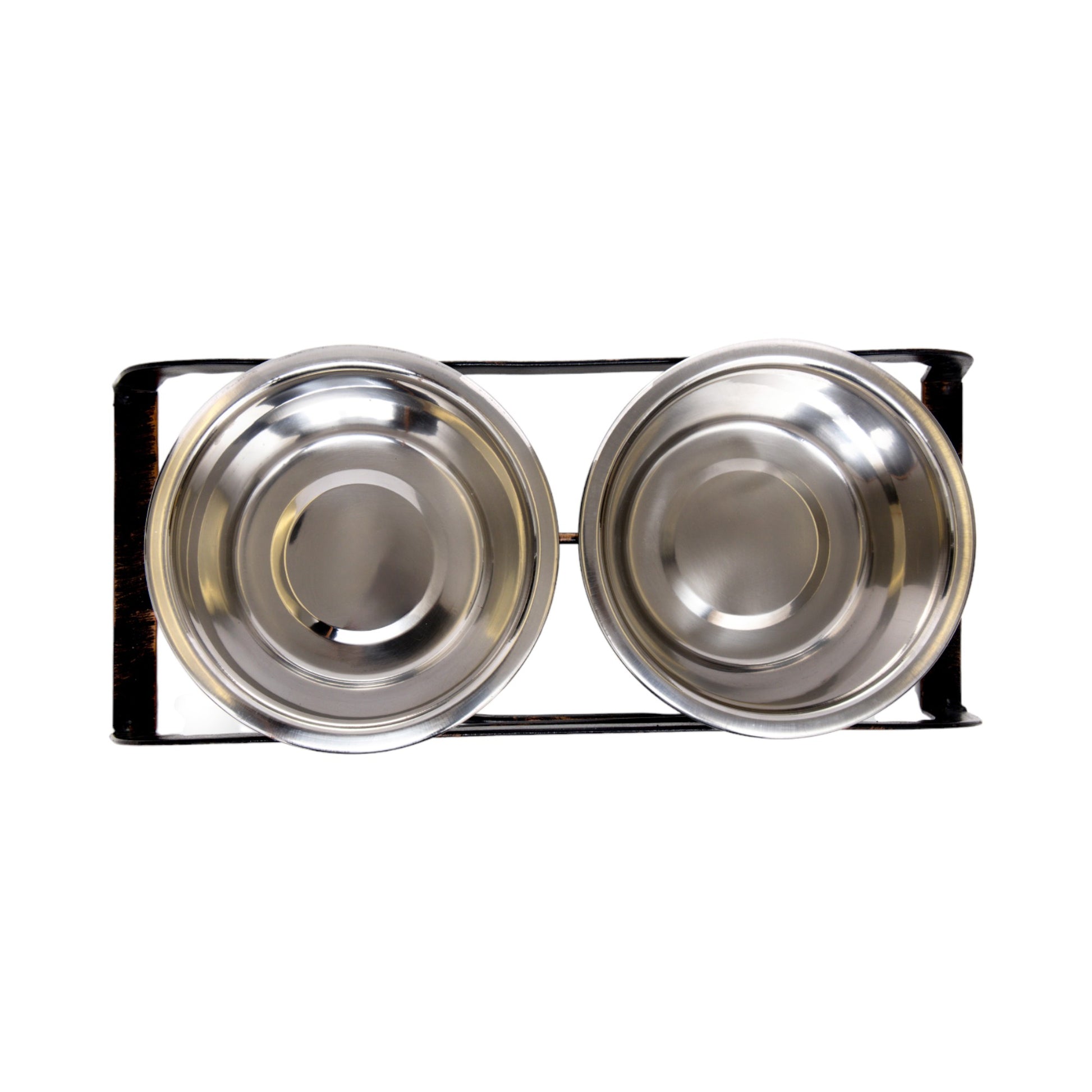 Rustic elevated dog bone feeder with two stainless steel bowls