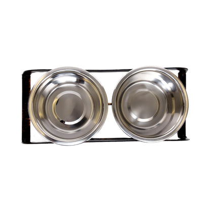 Rustic elevated dog bone feeder with two stainless steel bowls