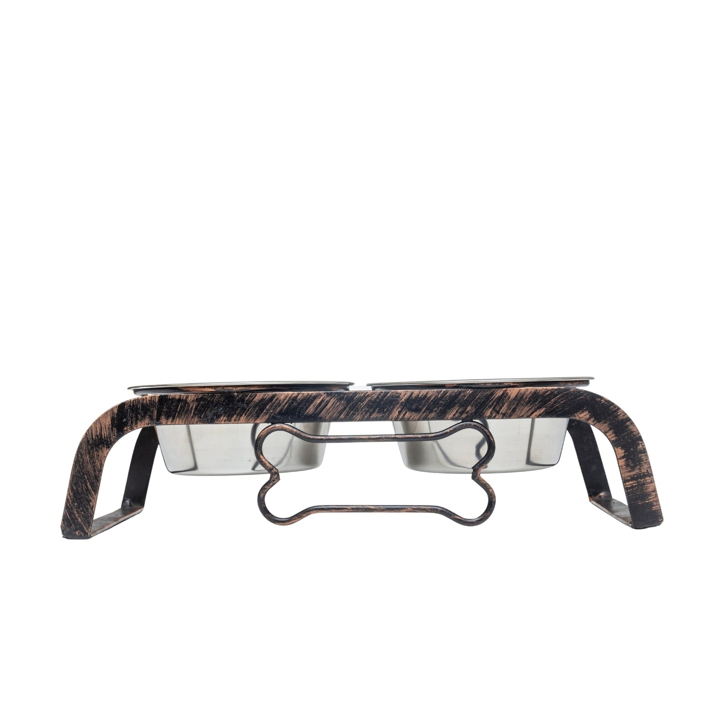 Rustic elevated dog bone feeder with two stainless steel bowls