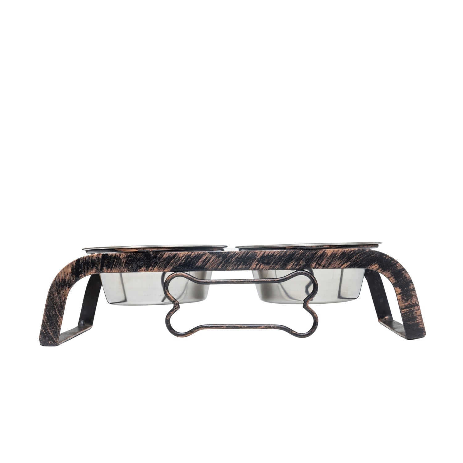 Rustic elevated dog bone feeder with two stainless steel bowls