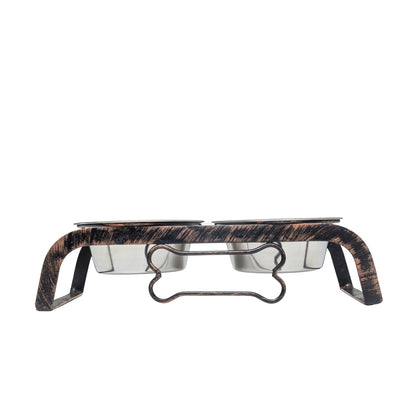 Rustic elevated dog bone feeder with two stainless steel bowls