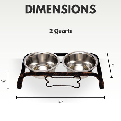 Rustic elevated dog bone feeder with two stainless steel bowls