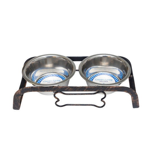 Rustic elevated dog bone feeder with two stainless steel bowls