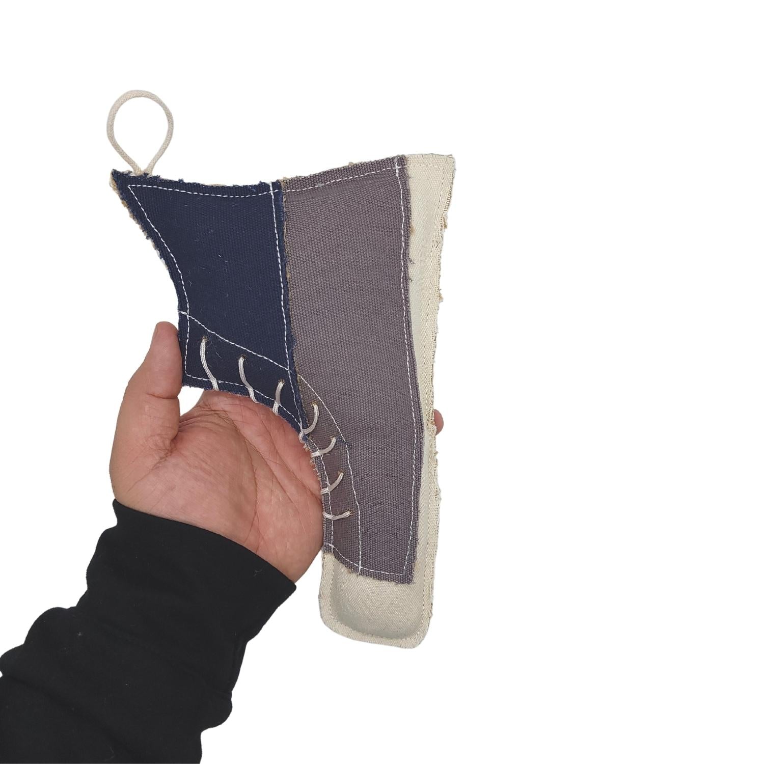 Shoe-shaped canvas and jute dog chew toy