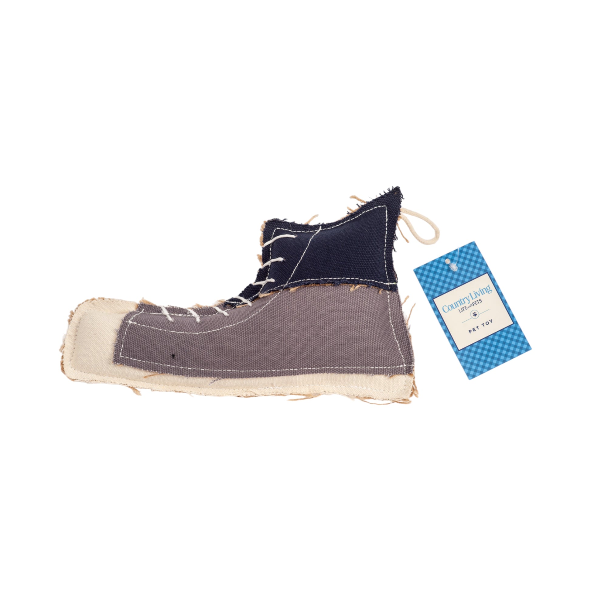 Shoe-shaped canvas and jute dog chew toy