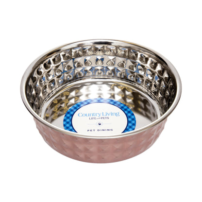 Stainless steel diamond textured dog bowl in rose quartz
